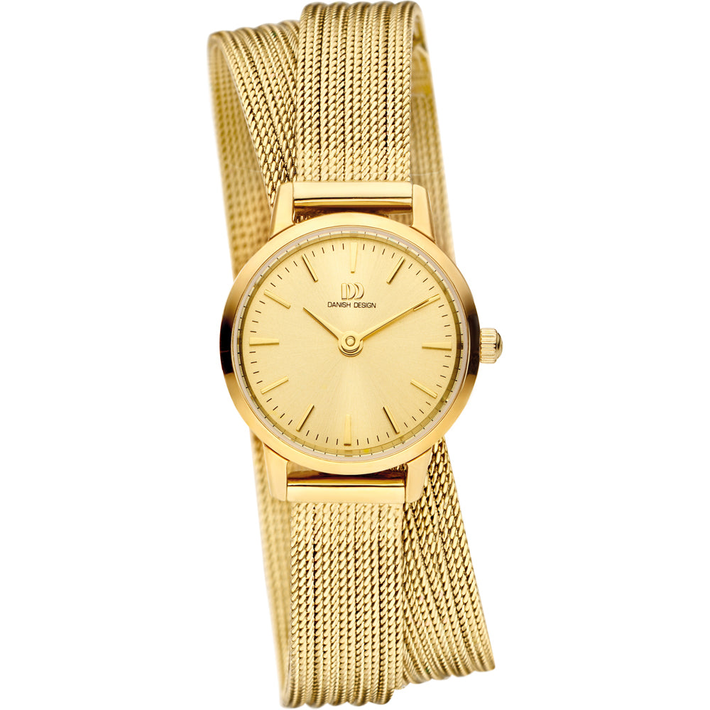 Orologio con cassa dorata e cinturino in maglia rolò dorata, quadrante semplice e raffinato.
