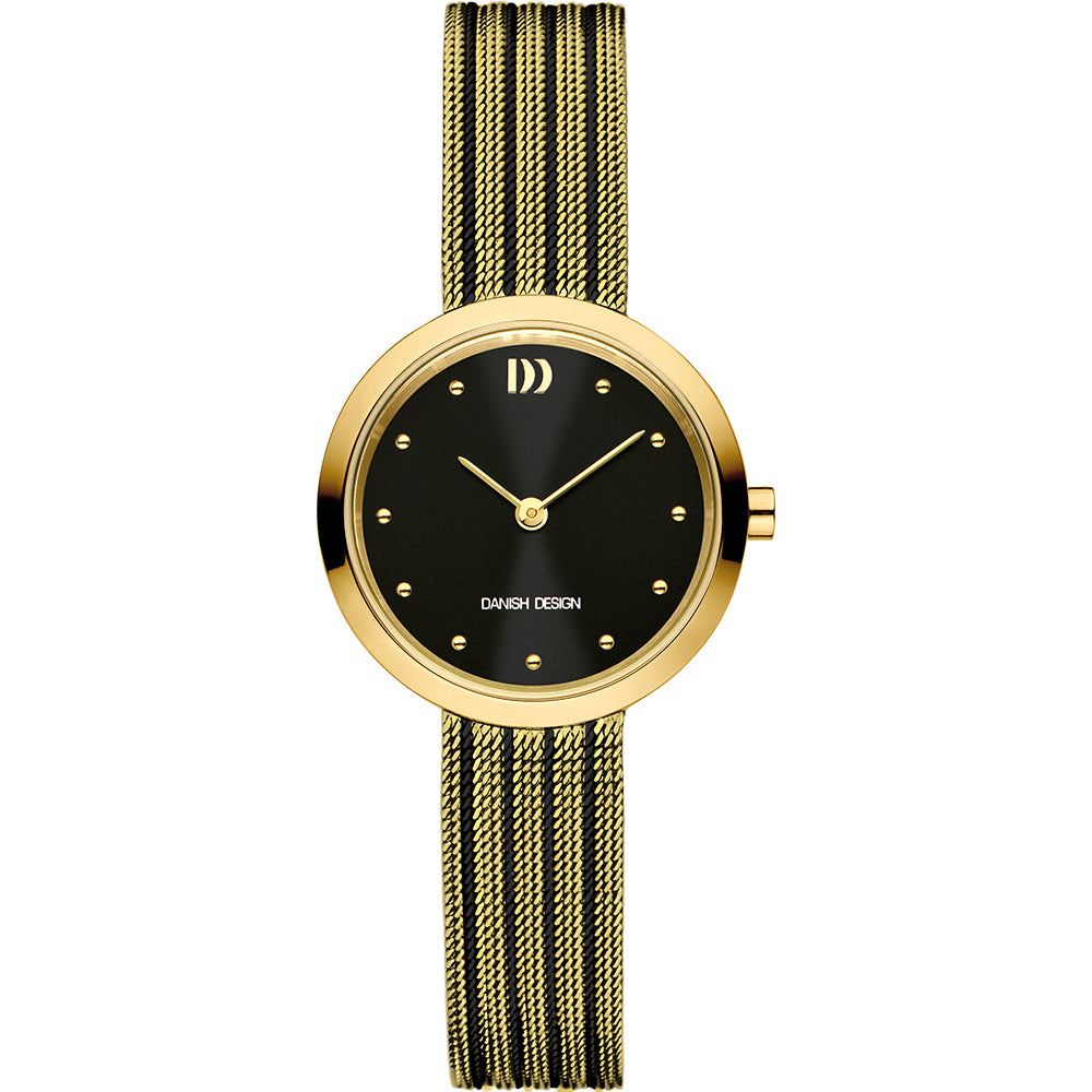 Orologio con cassa dorata, quadrante nero e cinturino in maglia rolò dorata.