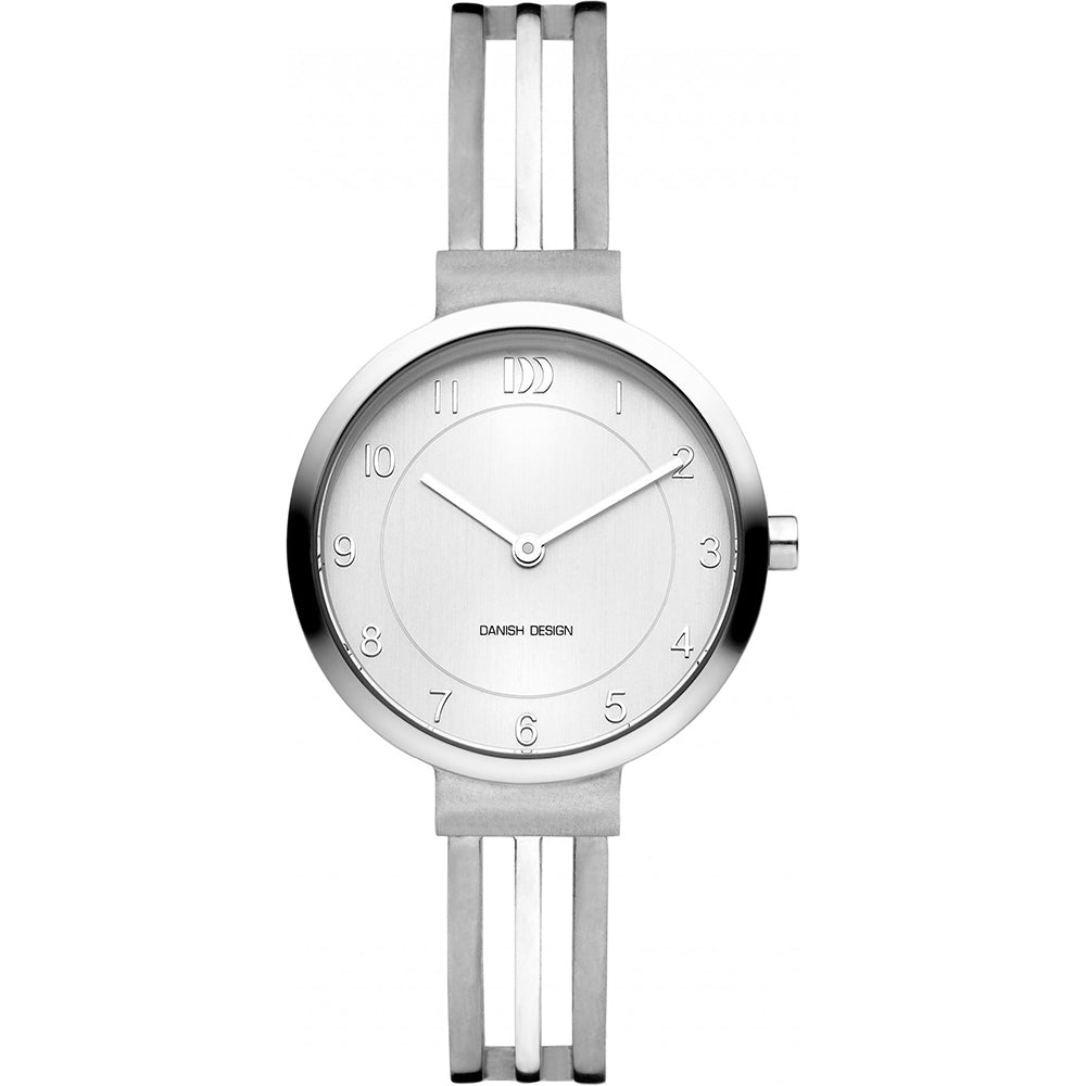 Orologio con cassa argentata, quadrante bianco e cinturino a tre maglie in acciaio.