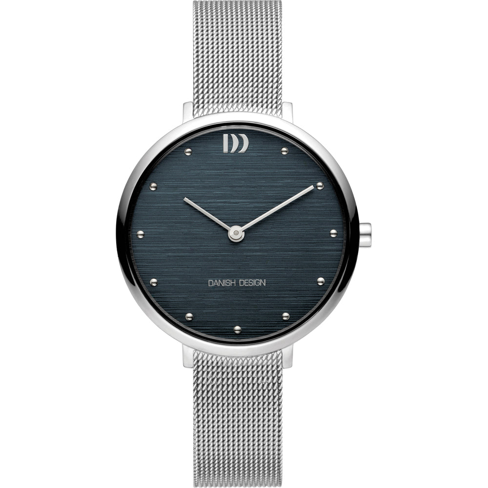 Orologio con quadrante blu scuro, cassa in acciaio inox e cinturino in maglia rolò.