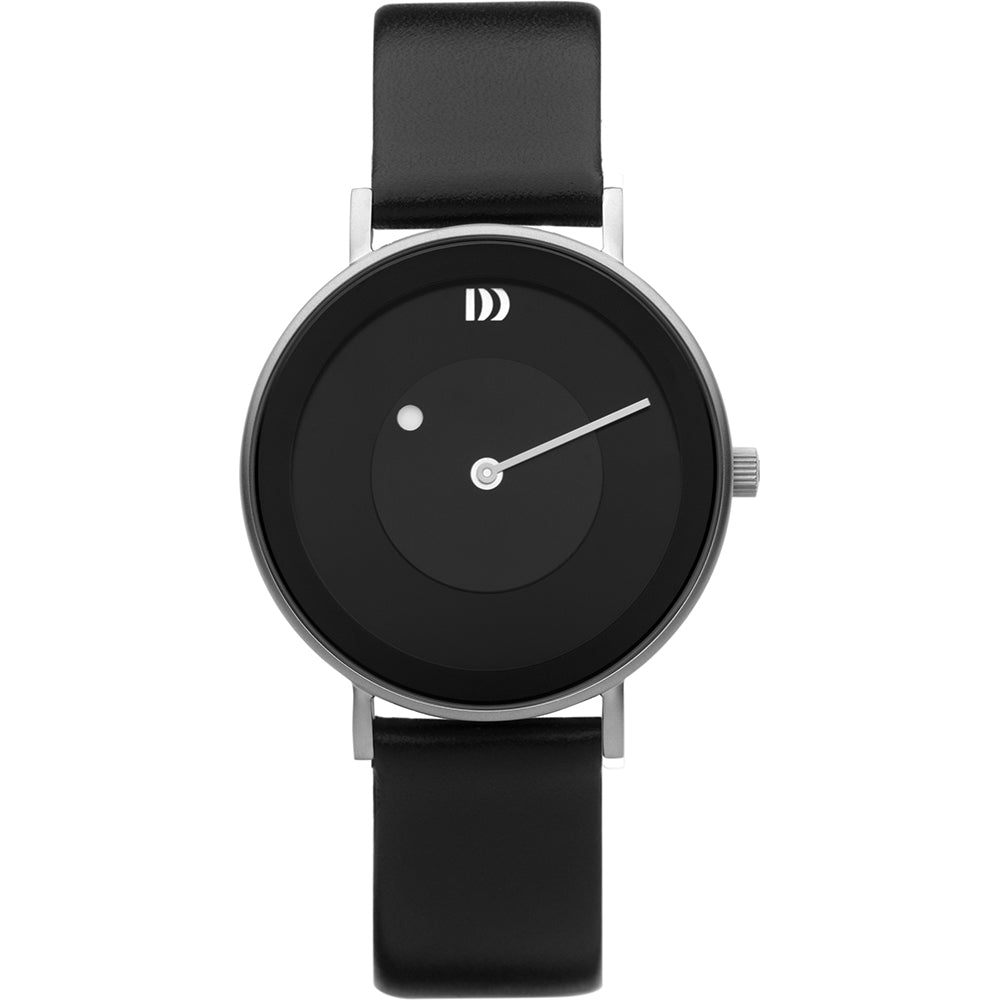 Orologio con quadrante nero, cassa argentata e cinturino in pelle nera.