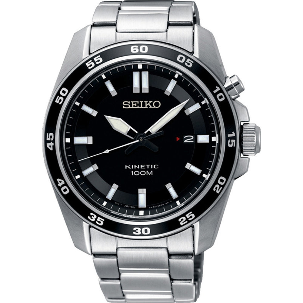 Orologio da uomo Seiko con cassa in acciaio inox, quadrante nero e bracciale in acciaio, impermeabile fino a 100 metri.