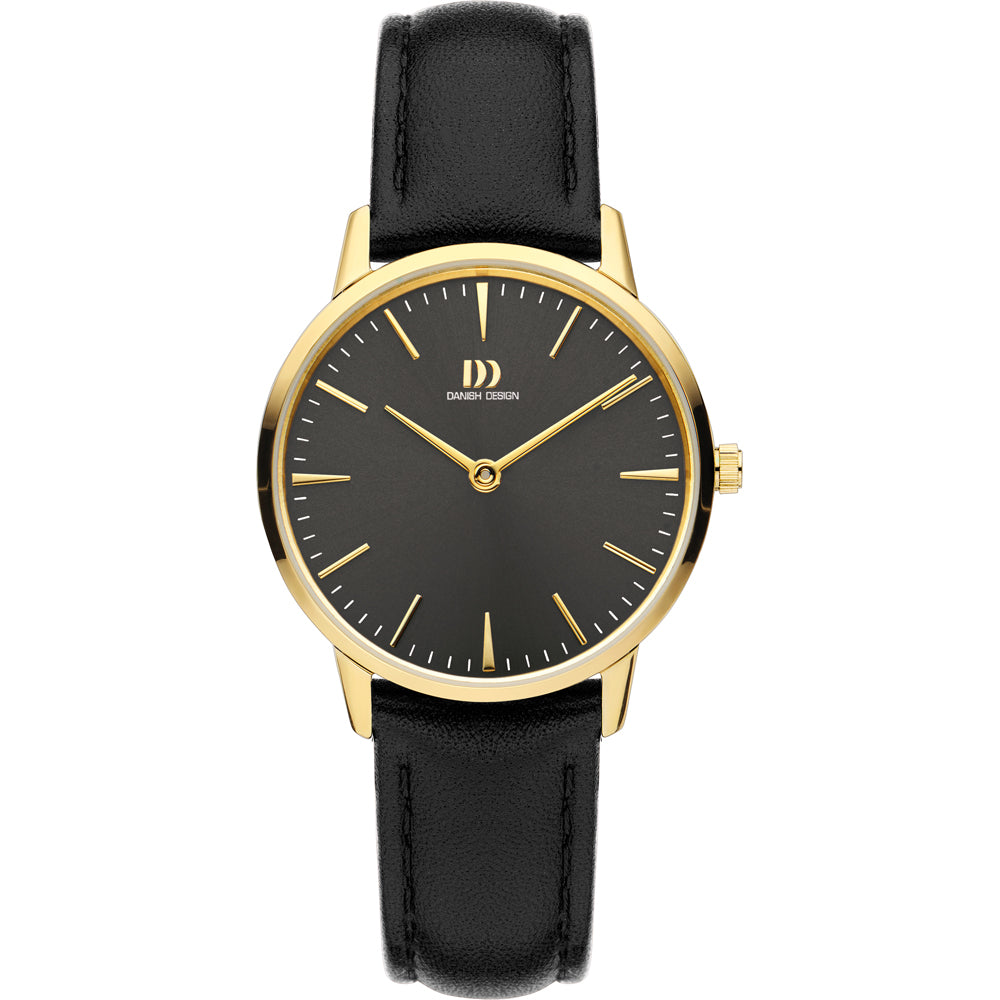 Orologio con cassa dorata, quadrante nero e cinturino in pelle nera.