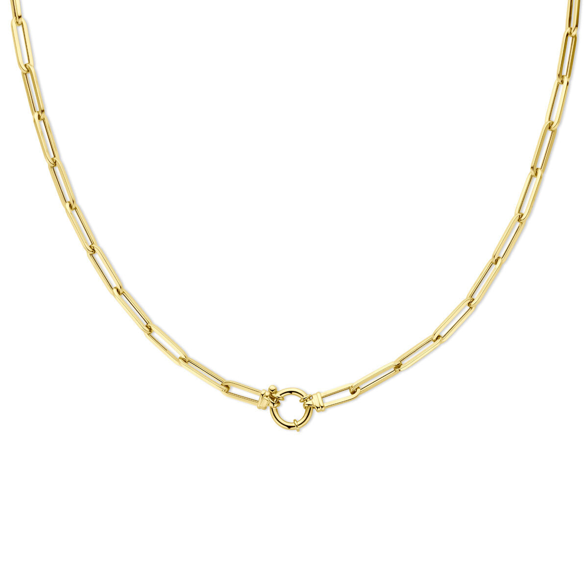 Collana in oro giallo con maglie a forma di clip e chiusura a molla grande in oro 14K.