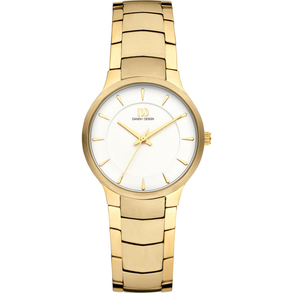 Orologio dorato con quadrante bianco e cinturino a maglia.