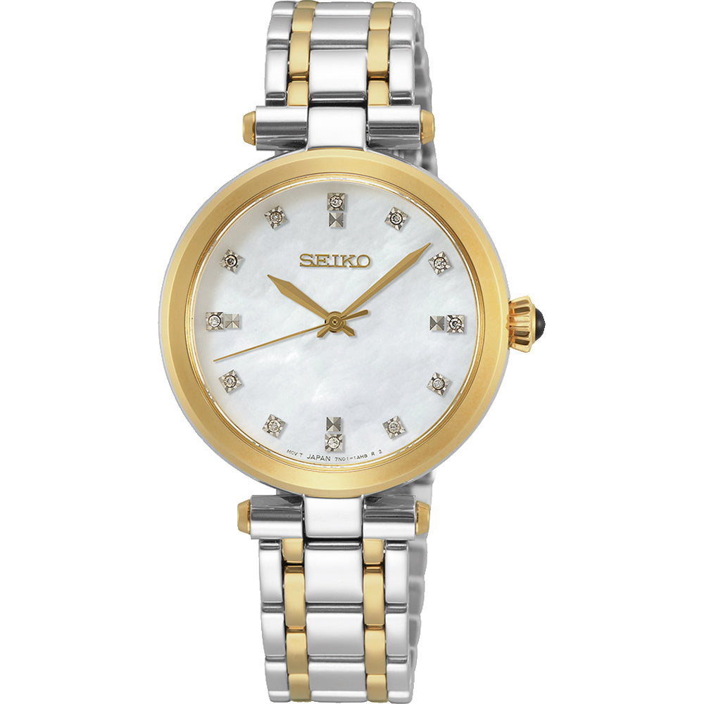 Orologio da donna Seiko con cassa rotonda in acciaio inox bicolore, quadrante madreperla e dettagli brillanti.