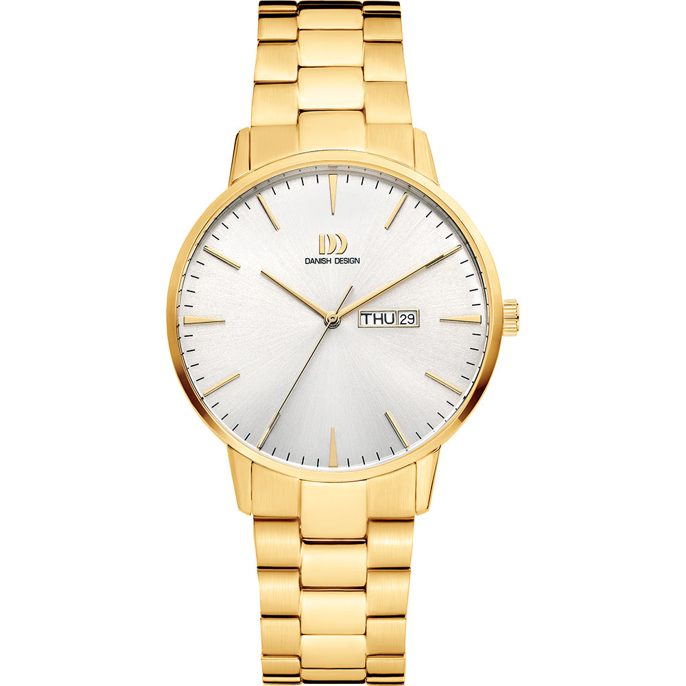 Orologio con cassa dorata, quadrante argentato e bracciale in maglia rolò.