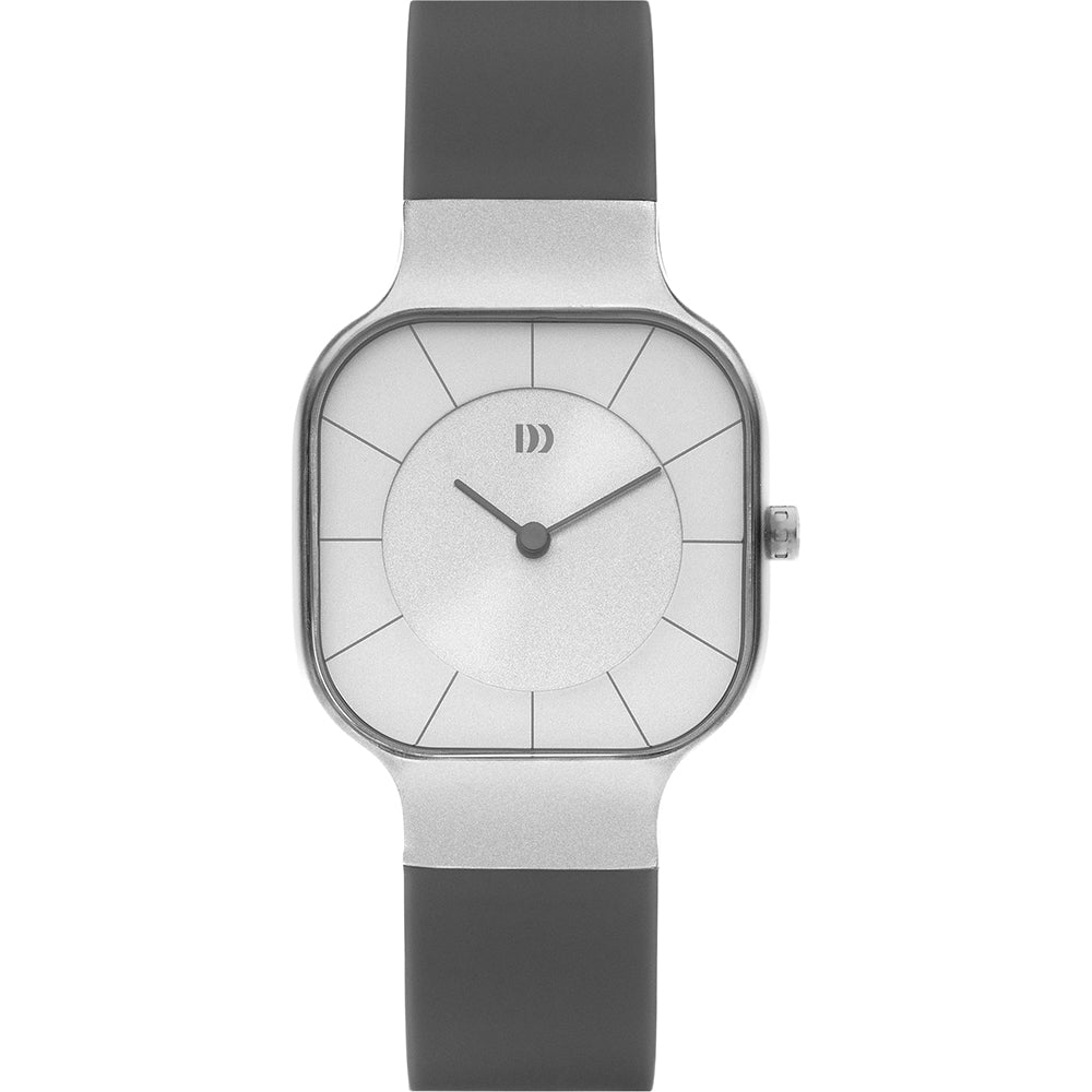 Orologio quadrato con cassa argentata e cinturino in silicone grigio.