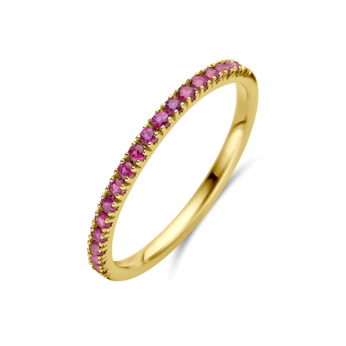 anello in oro giallo 14K con pietre di nascita rubino di luglio, finitura lucida.