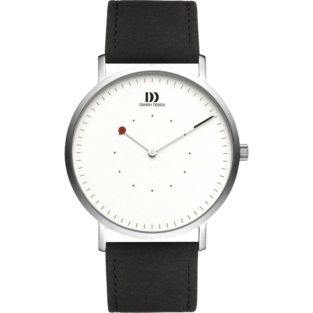 Orologio con quadrante bianco, cassa in acciaio inox e cinturino nero in pelle.