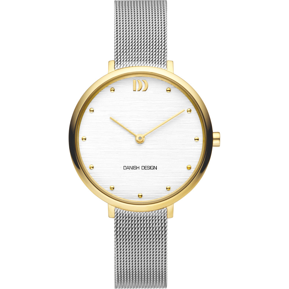 Orologio con cassa dorata, quadrante bianco e cinturino in maglia d'acciaio.