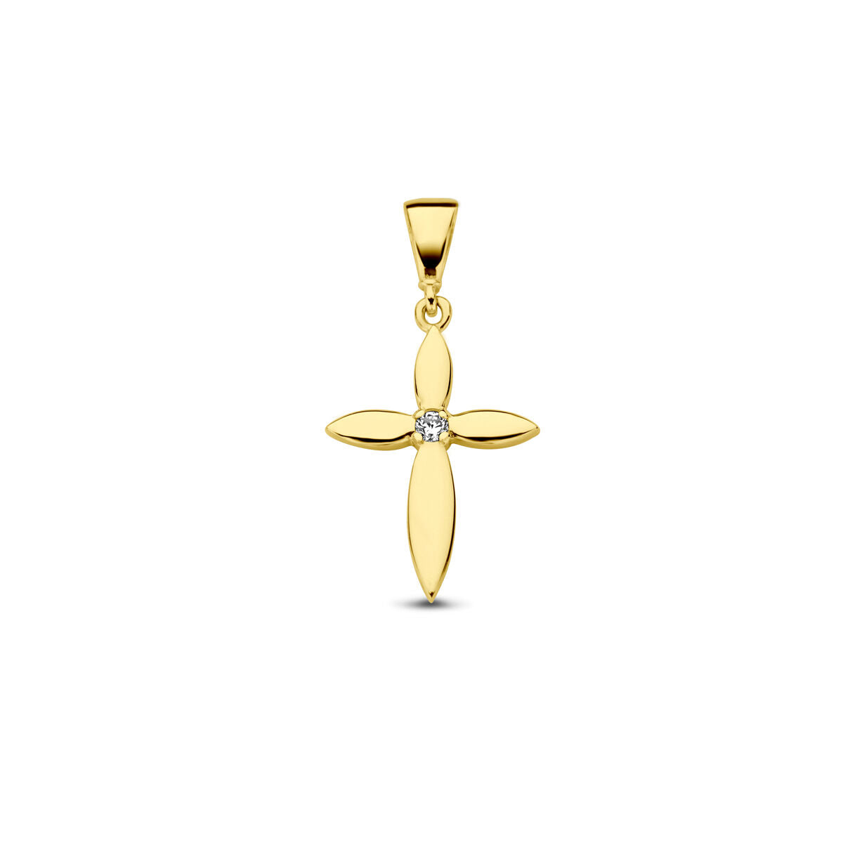 Ciondolo a croce in oro giallo 14K con zircone centrale.