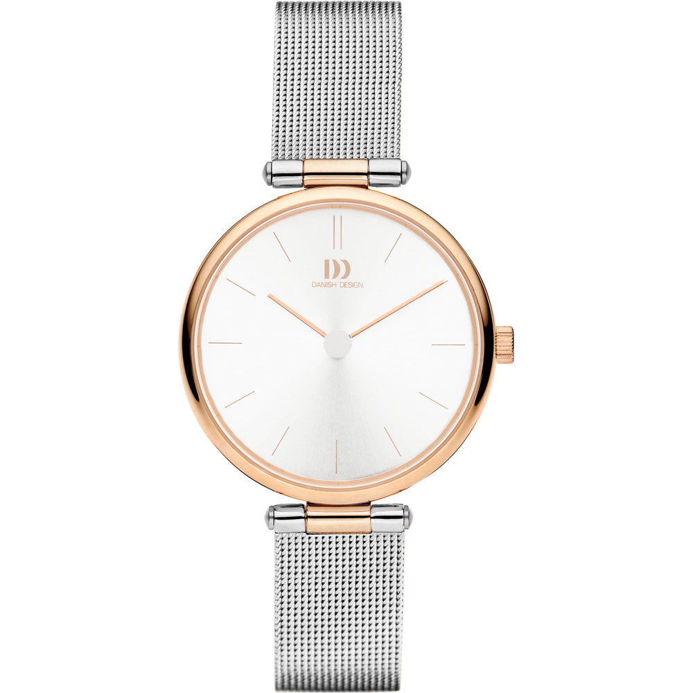 Orologio con cassa rotonda in acciaio inox e cinturino in maglia, quadrante bianco e dettagli dorati.