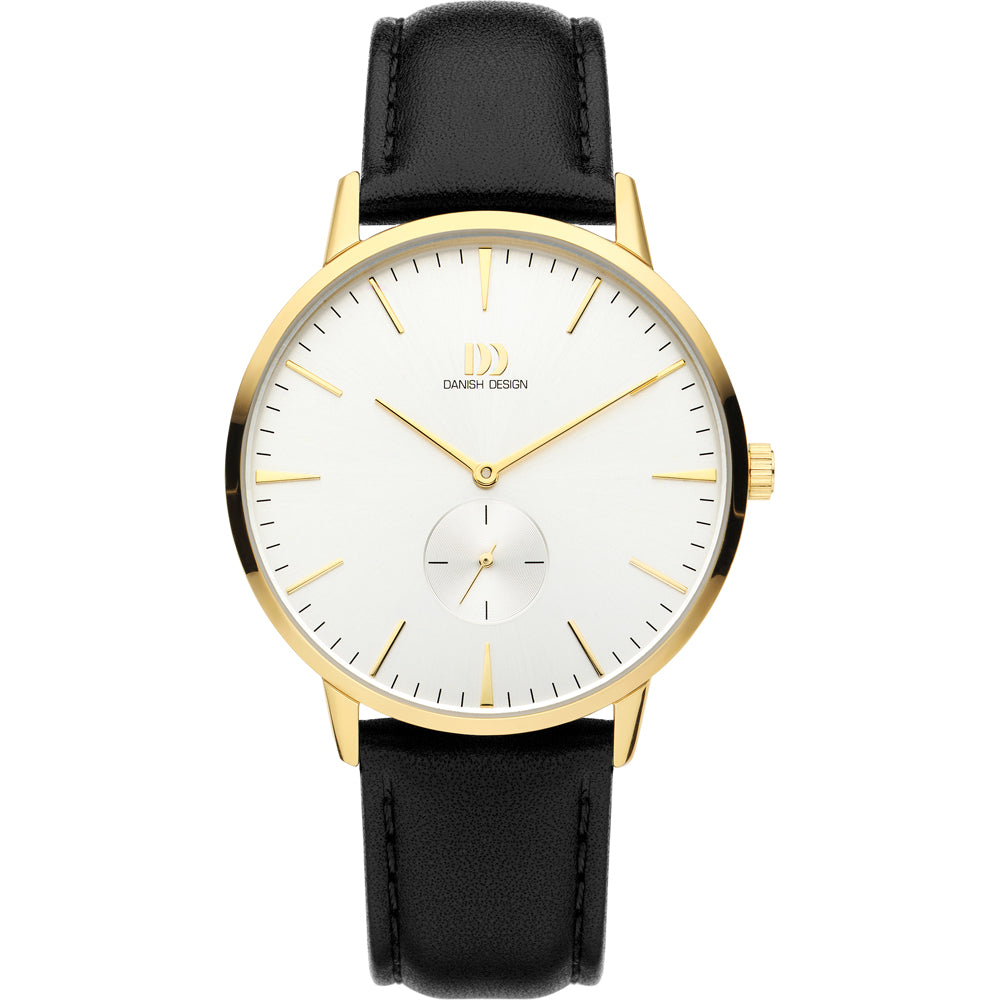 Orologio con cassa dorata, quadrante bianco e cinturino in pelle nera.