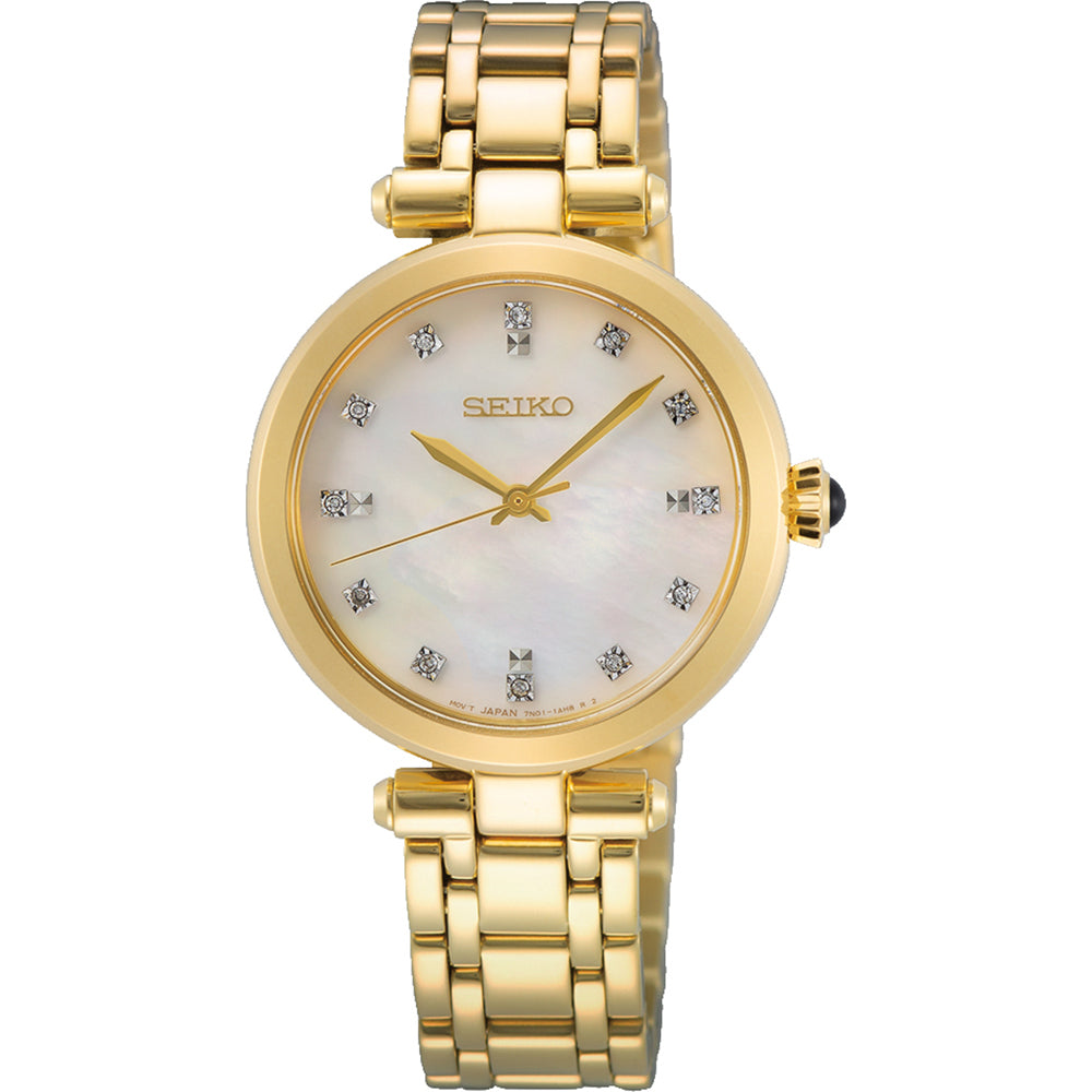 Orologio da donna Seiko con cassa dorata, quadrante madreperla e brillanti.