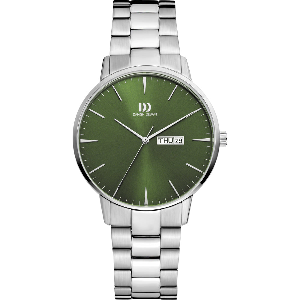 Orologio con quadrante verde, cassa in acciaio inox e cinturino a maglia rolò.