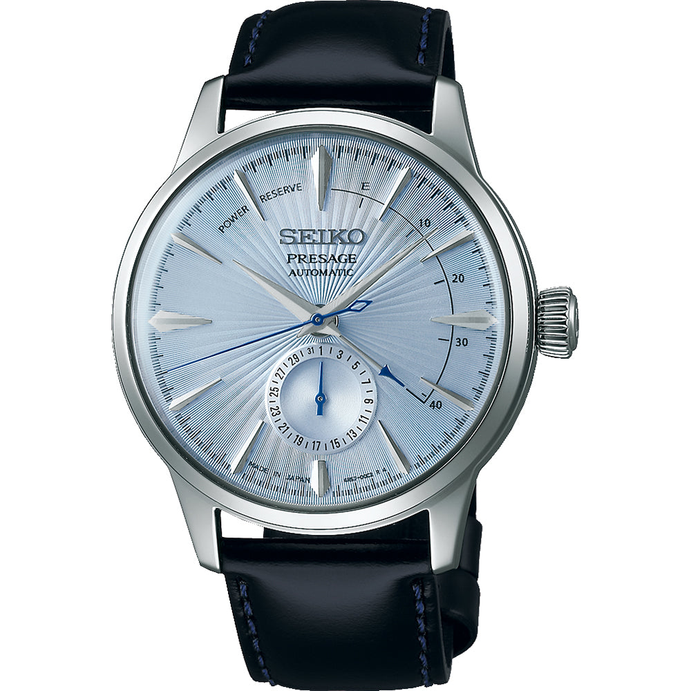 Orologio da uomo Seiko Presage con cassa in acciaio inox, quadrante blu chiaro e cinturino in pelle nera.