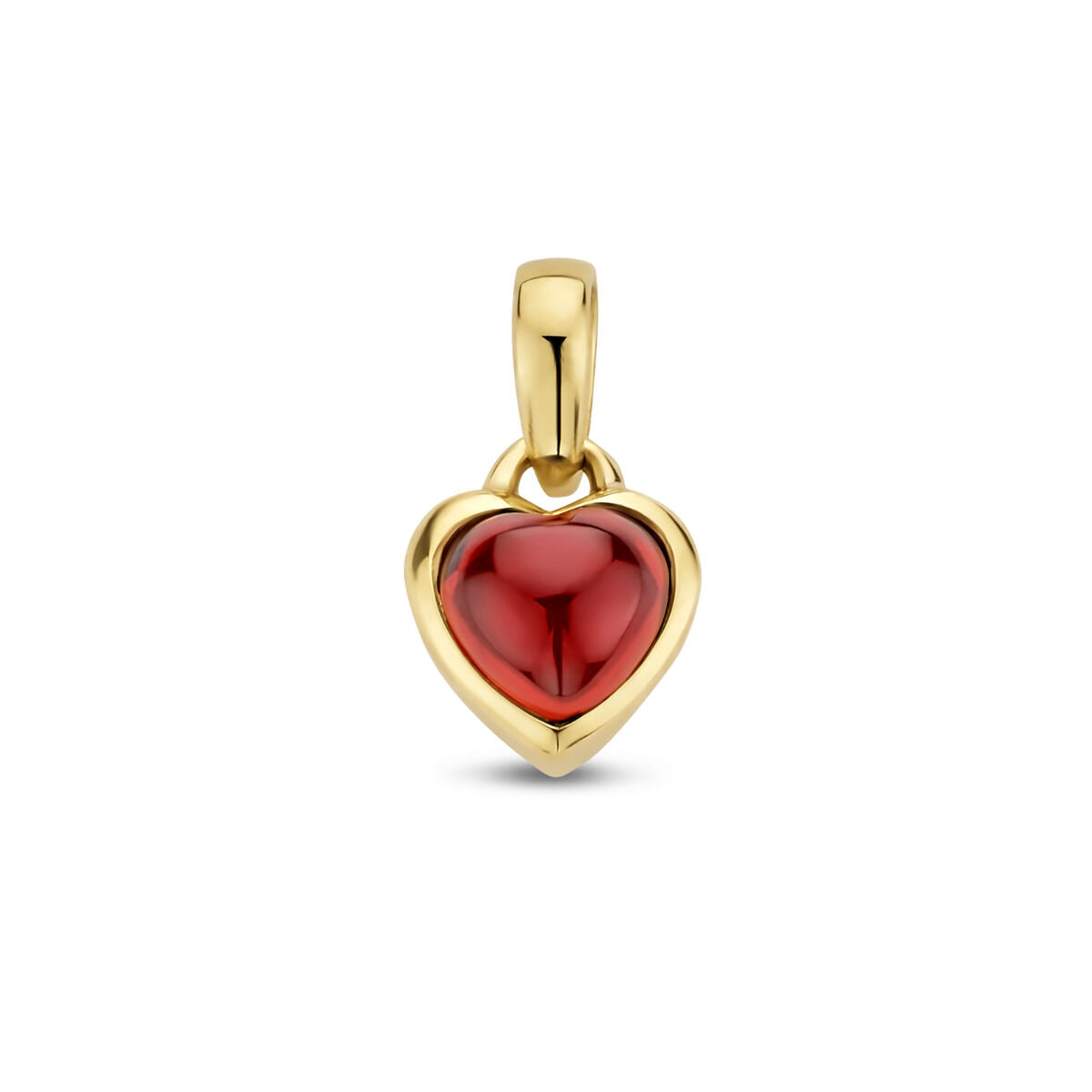 Ciondolo a forma di cuore in oro giallo 14K con pietra di granato rossa.