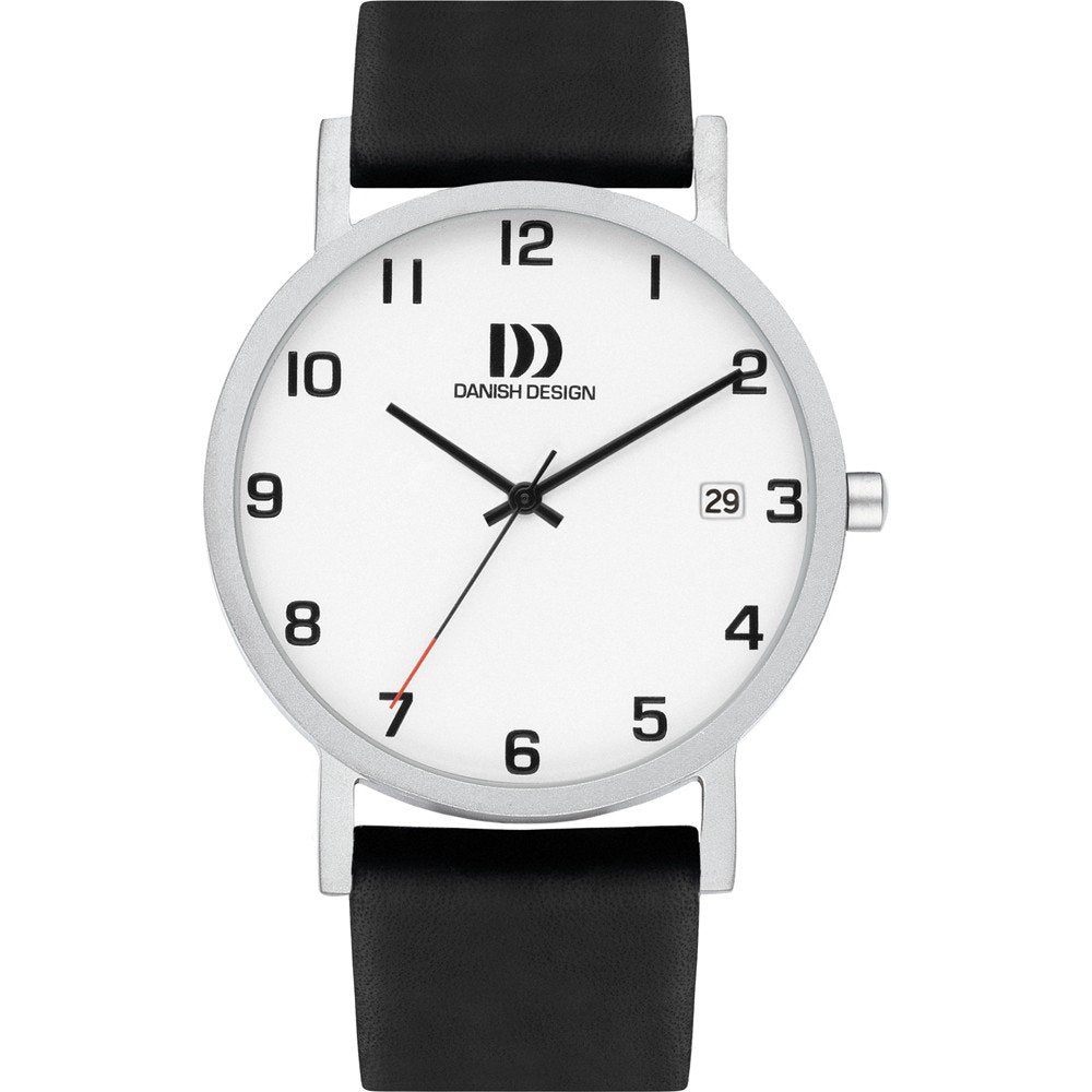 Orologio con cassa argentata, quadrante bianco, cinturino in pelle nera e indicazioni numeriche.