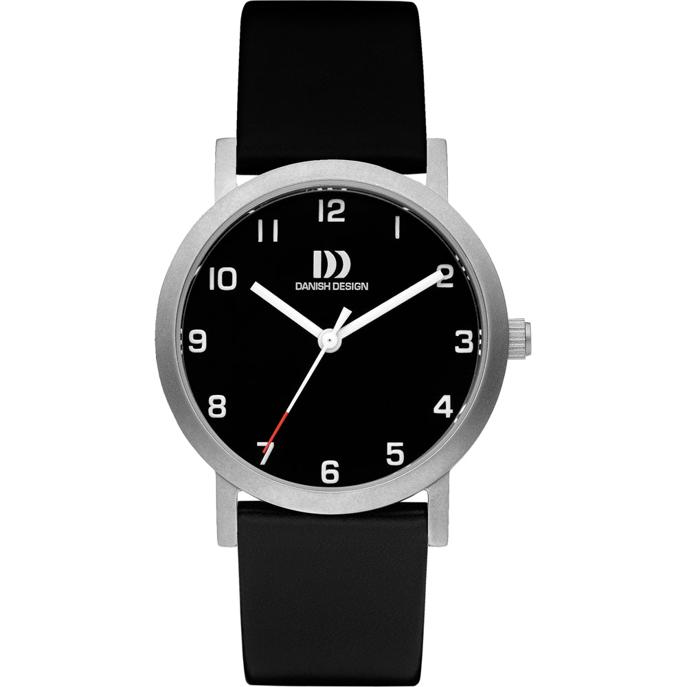 Orologio con cassa argentata, quadrante nero e cinturino in silicone nero.