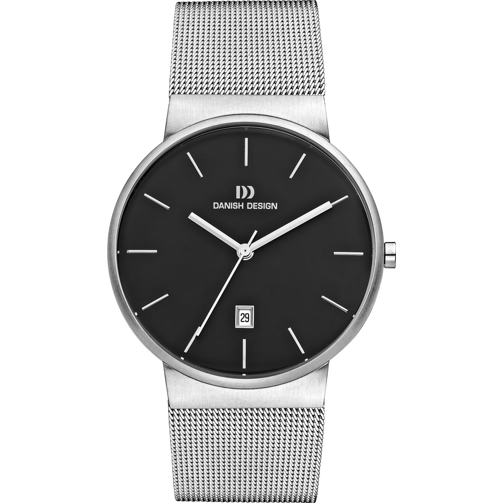 Orologio con quadrante nero, cassa in acciaio inox e cinturino in maglia rolò argentata.