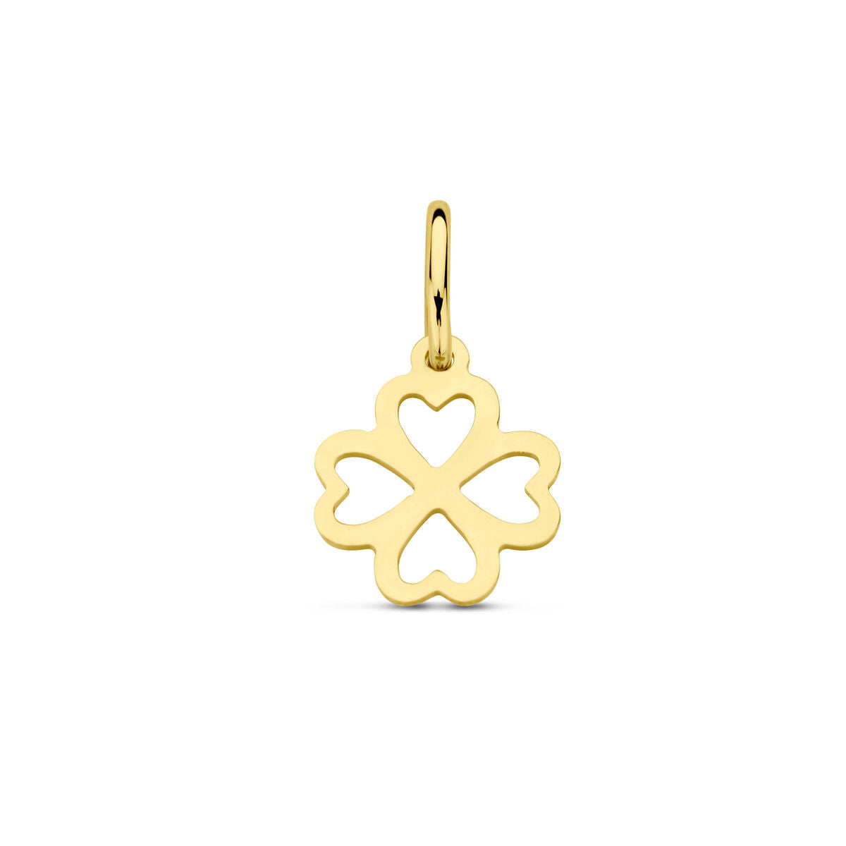 Ciondolo a forma di quadrifoglio in oro giallo 14K con dettagli a cuore.