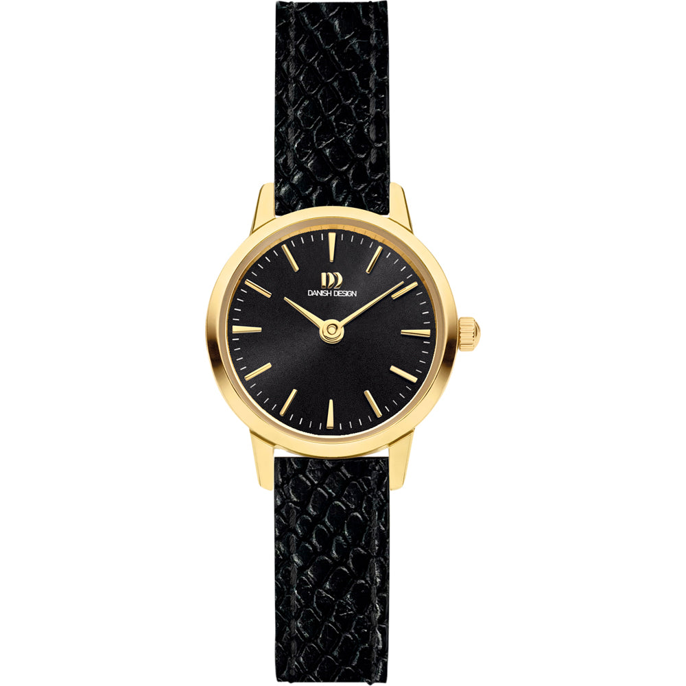Orologio con cassa dorata, quadrante nero e cinturino in pelle intrecciata nera.