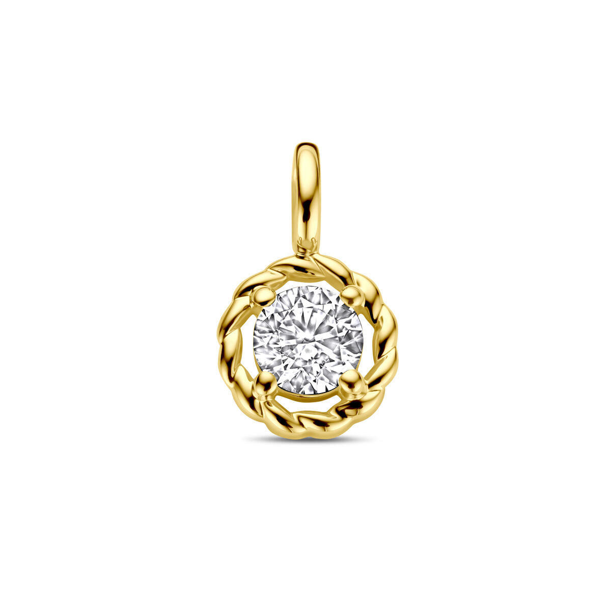 Ciondolo in oro giallo 14K con zircone, forma rotonda con dettagli intrecciati.