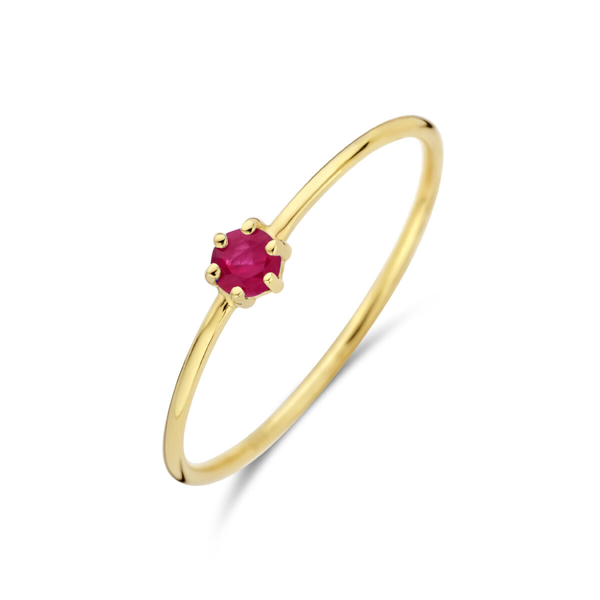Anello in oro giallo 14K con pietra di nascita rubino, forma rotonda.