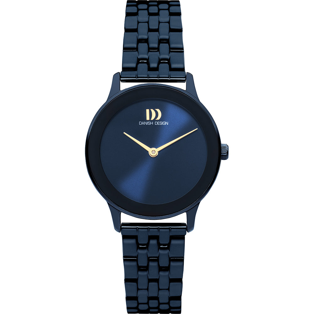 Orologio con cassa nera, quadrante blu e cinturino in maglia rolò.