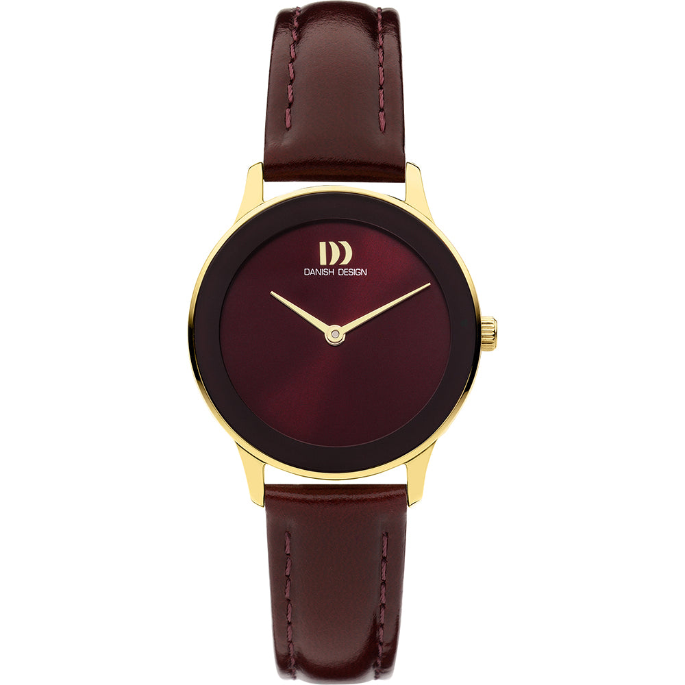 Orologio da donna con quadrante bordeaux, cassa dorata e cinturino in pelle bordeaux.