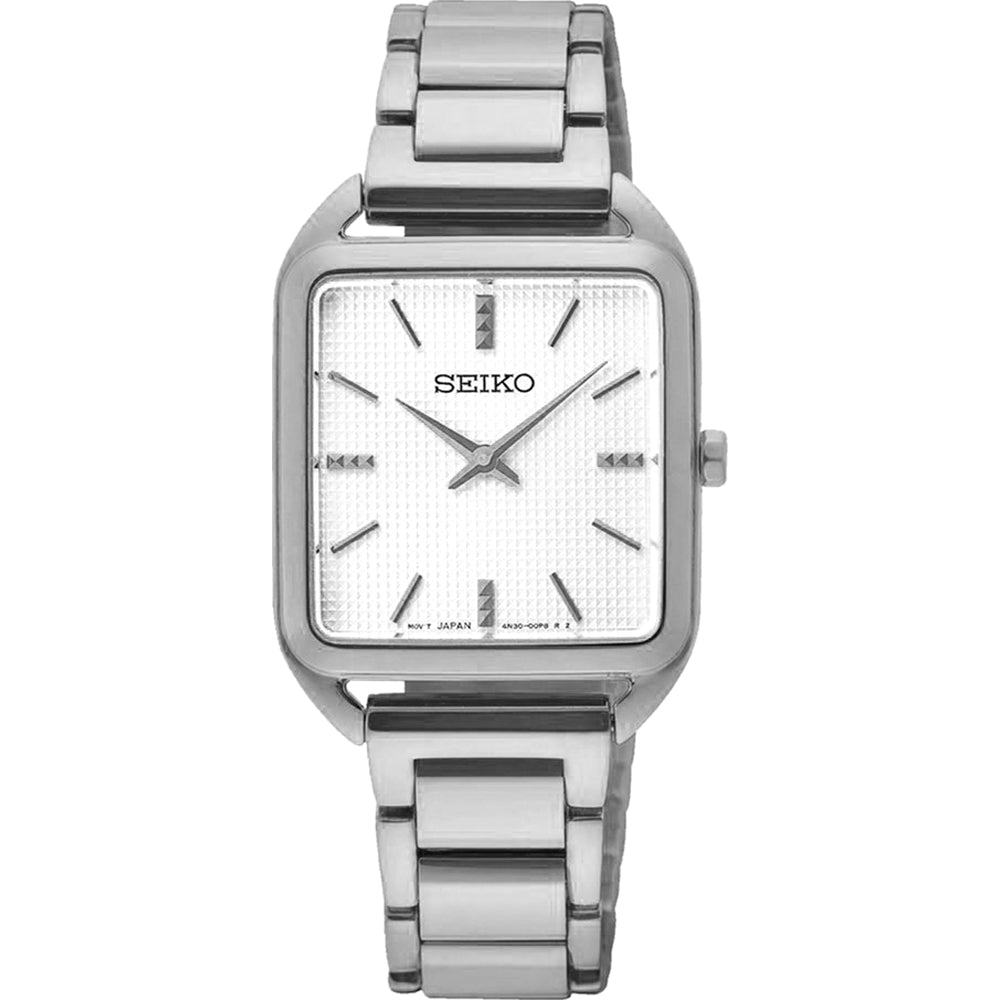 Orologio da donna Seiko con cassa quadrata argentata e bracciale in acciaio inox.