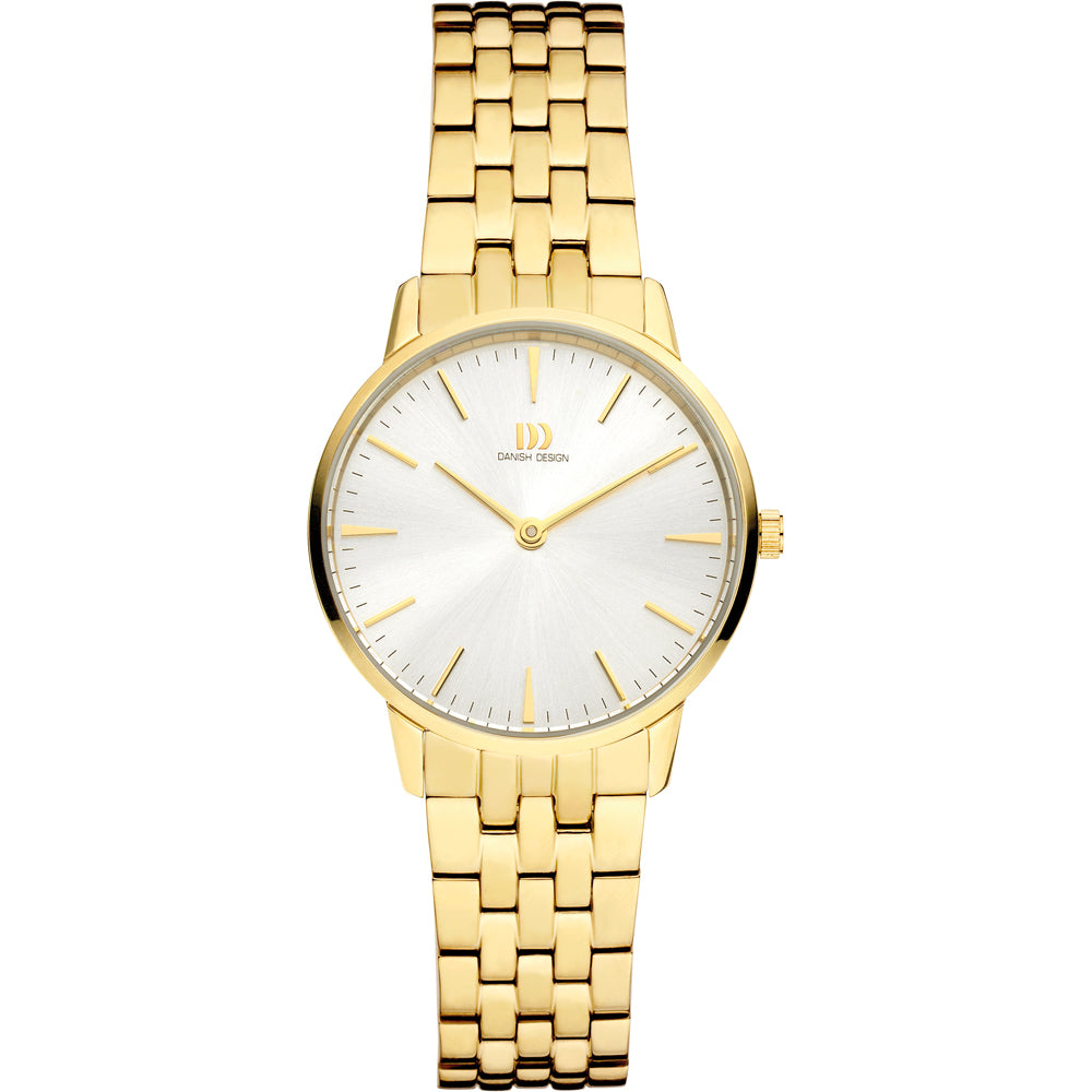 Orologio con cassa dorata, quadrante argentato e bracciale in maglia rolò dorata.