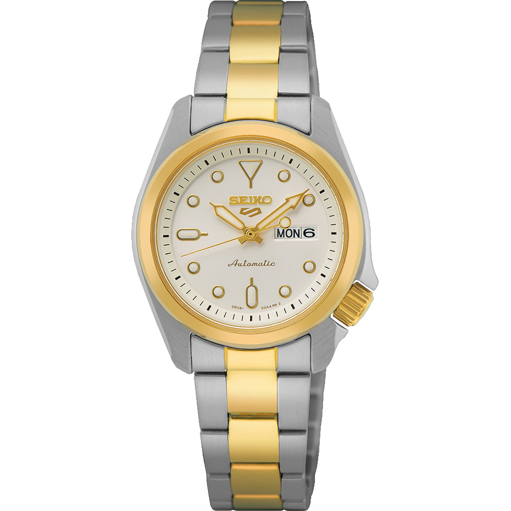 Orologio da donna Seiko con cassa argentata e cinturino bicolore in acciaio, quadrante bianco.