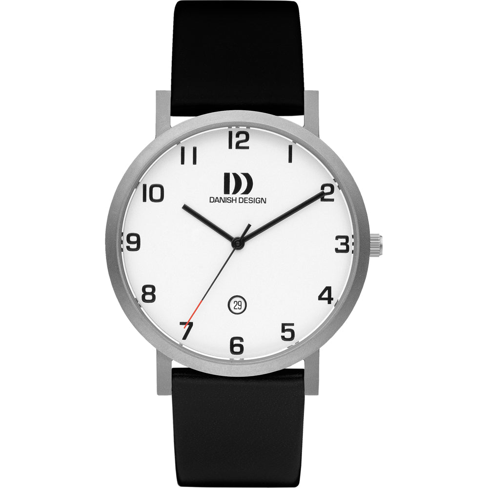 Orologio con cassa argentata, quadrante bianco, cinturino nero in silicone e dettagli minimalisti.