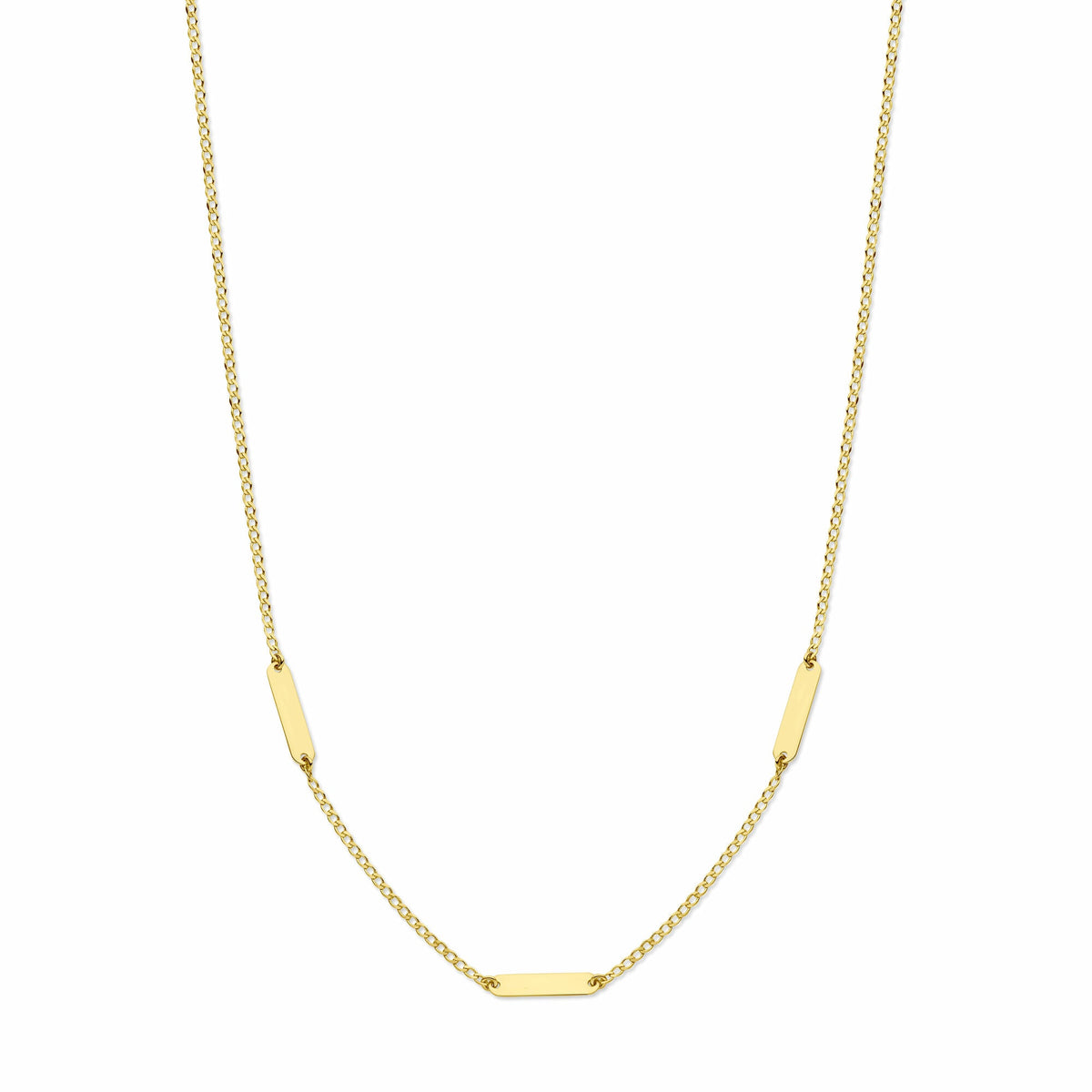 Collana in oro giallo 14K con elementi rettangolari e catena fine, lunghezza 41 + 4 cm.