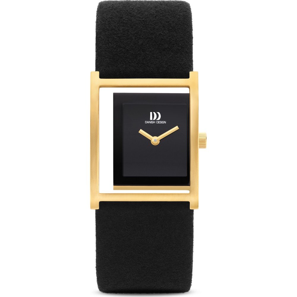 Orologio da donna con quadrante nero, cassa dorata quadrata e cinturino in pelle nera.