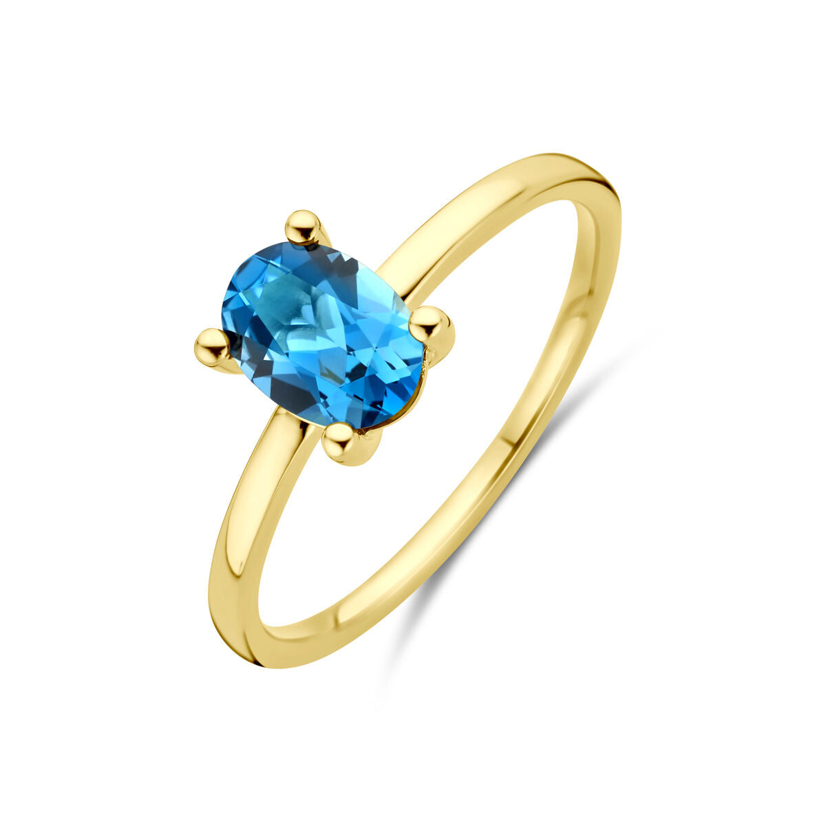 anello in oro giallo 14K con topazio blu di Londra ovale