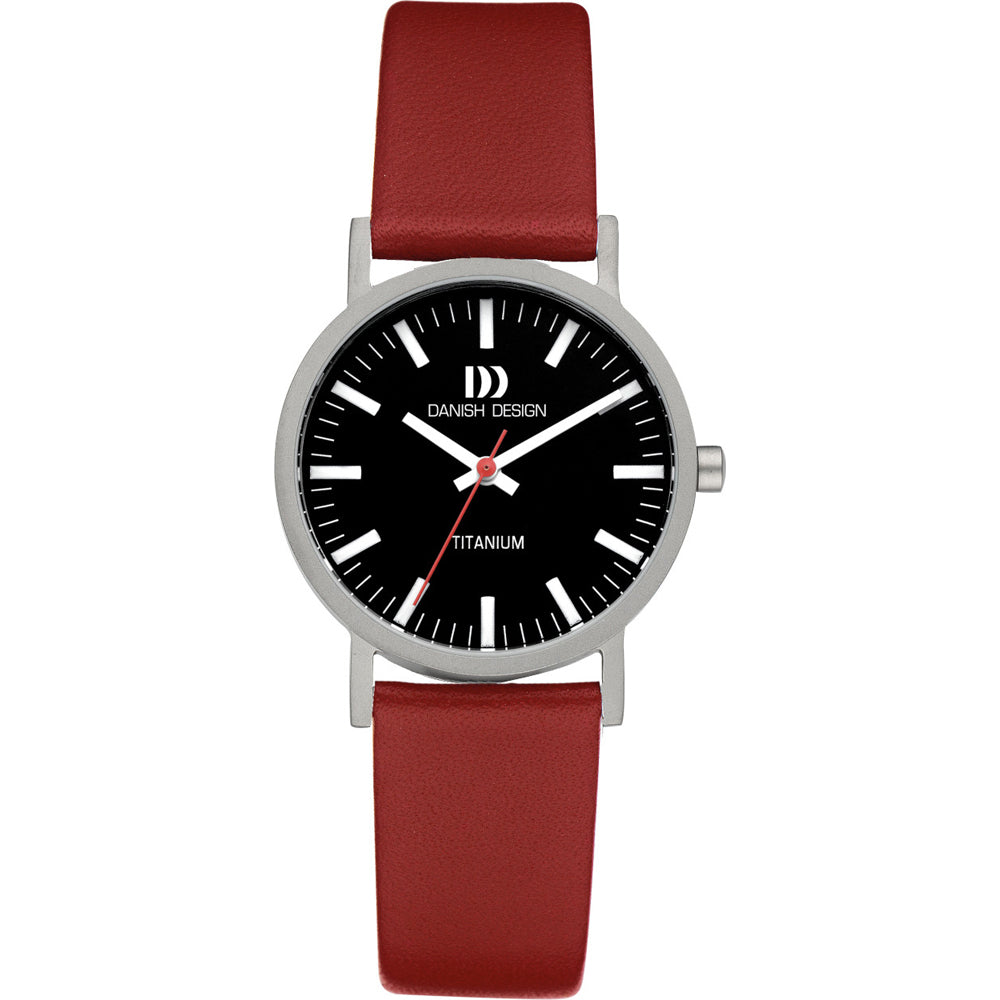 Orologio da donna con quadrante nero, cassa in titanio e cinturino rosso.