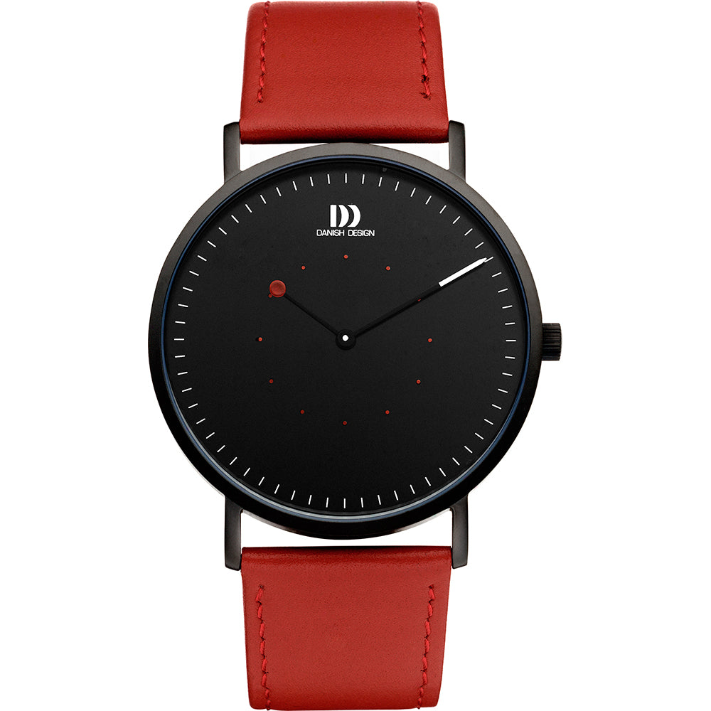 Orologio con quadrante nero, cassa nera, cinturino in pelle rossa e dettagli rossi.