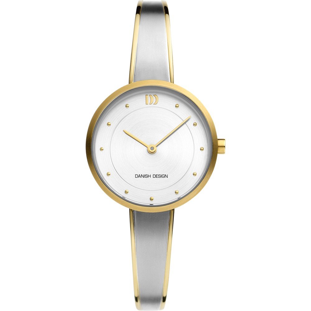 Orologio con cassa dorata, quadrante bianco e cinturino in acciaio argentato.