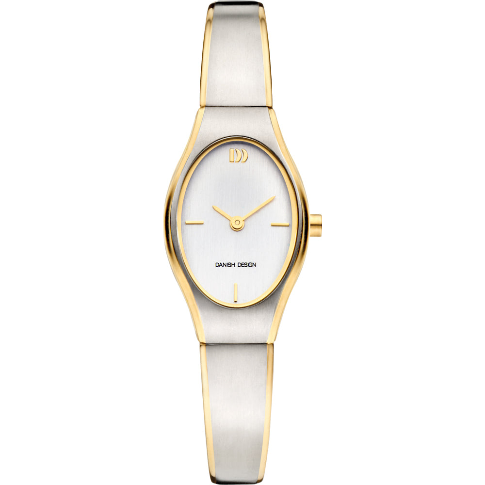 Orologio con cassa argentata e cinturino dorato, quadrante bianco con lancette dorate.