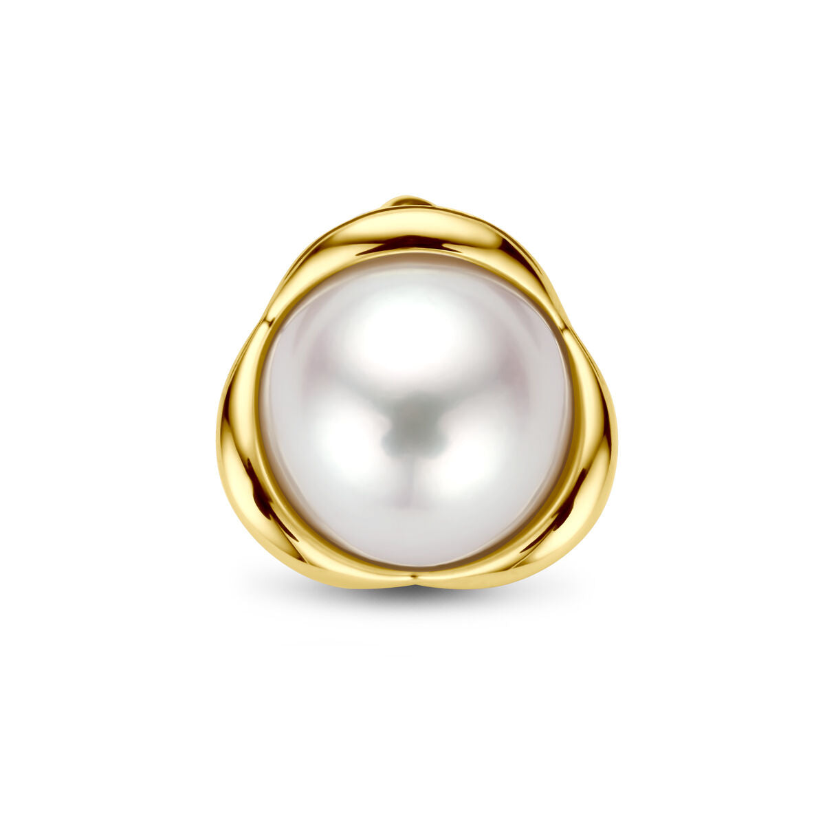 Hanger met een grote parel, omringd door een golvende 14K geelgouden setting.
