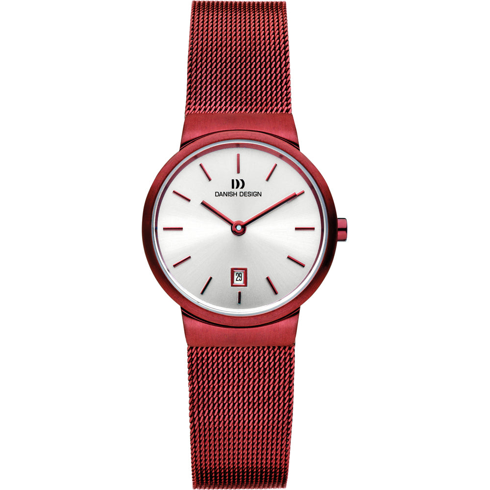 Orologio con cassa rossa e quadrante argentato, cinturino in maglia rolò rossa.