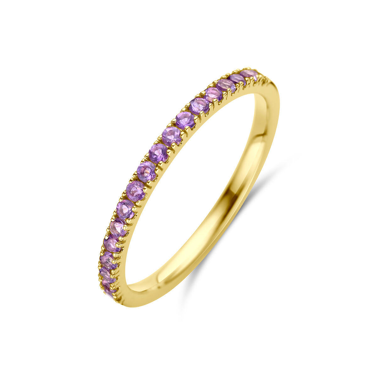 Anello in oro giallo 14K con pietre di ametista viola.