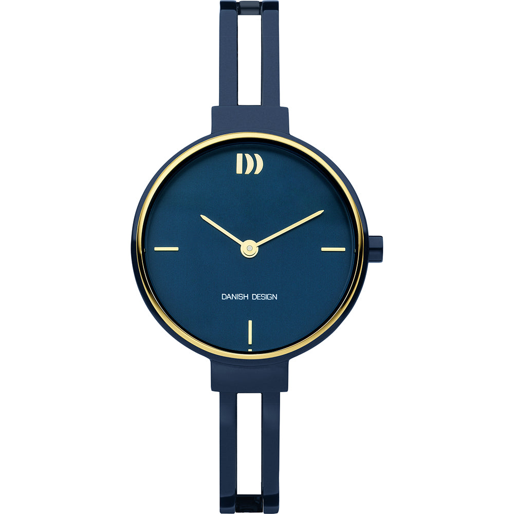 Orologio con quadrante blu, cassa dorata e cinturino in metallo blu.