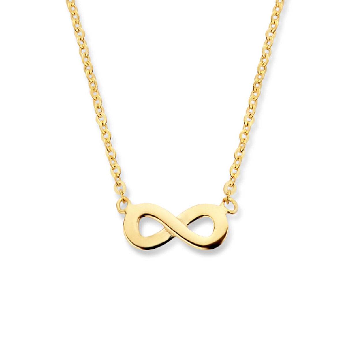 Collana in oro giallo 14K con pendente a forma di infinito, lunghezza 41,5 - 44,5 cm.