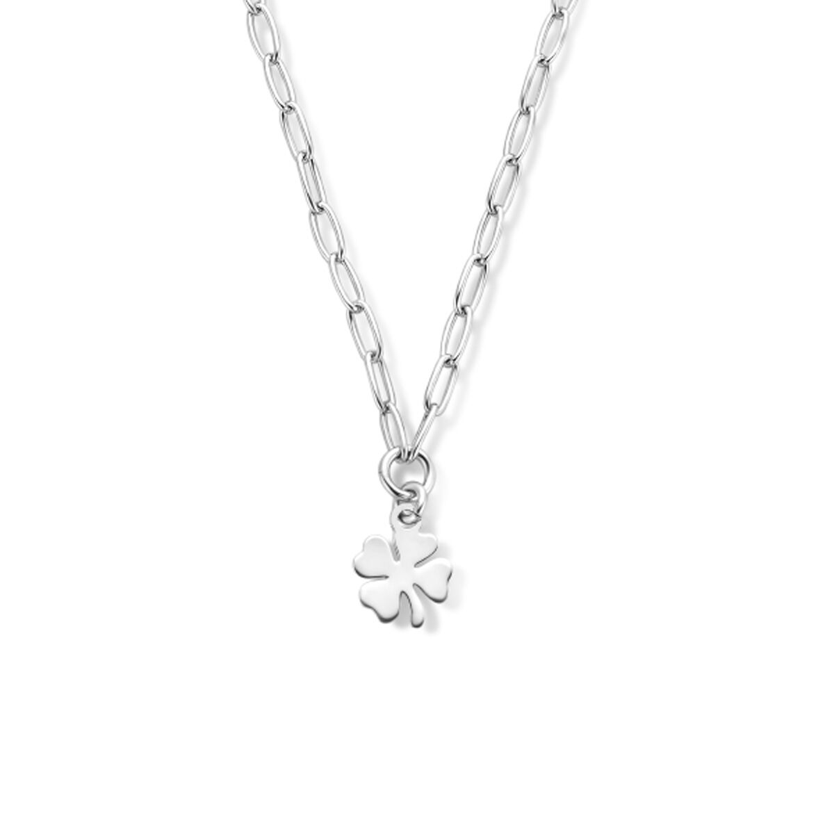 Collana in argento rodiato con ciondolo a forma di quadrifoglio, lunghezza 40 + 5 cm.