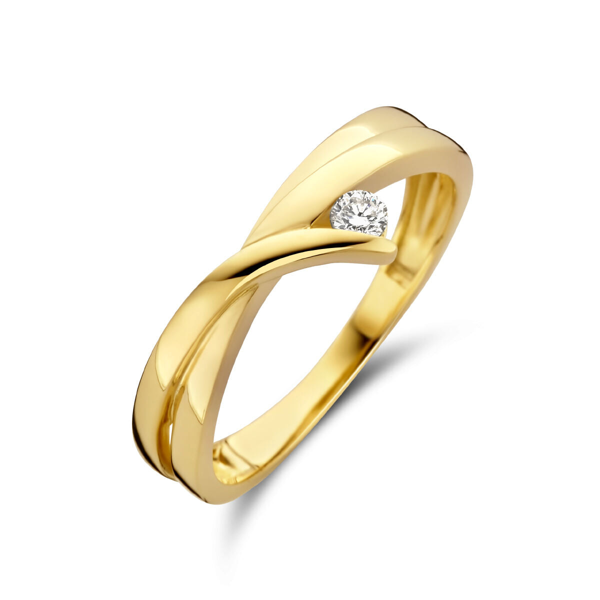Anello in oro giallo 14K con diamante da 0,06 ct, design intrecciato.