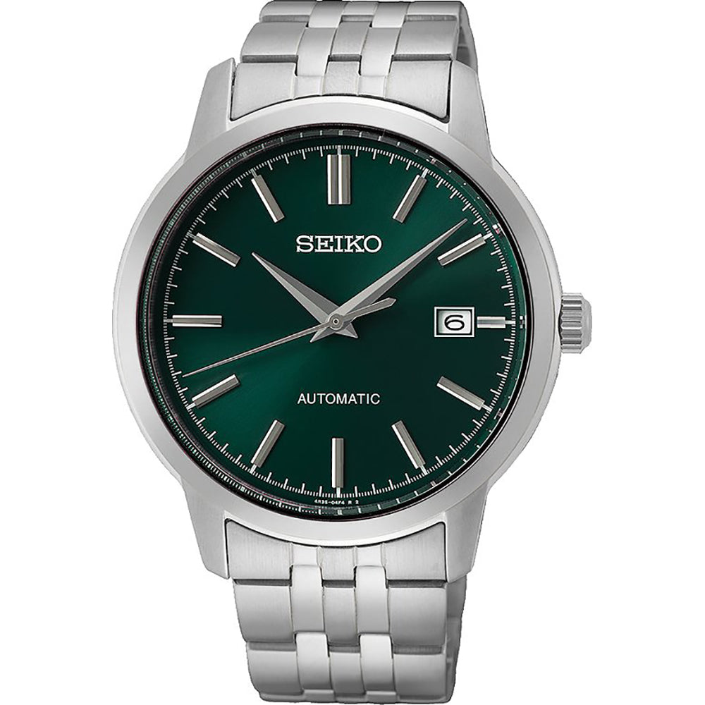 Orologio da uomo Seiko con cassa in acciaio inox, quadrante verde e bracciale a maglia rolò.